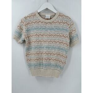 Alexon Knit Blouse Womens Small Beige Pink Striped Cotton Blend Pullover Casual